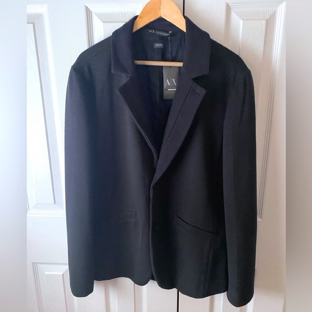🆕 A|X ARMANI EXCHANGE Black Tonal Stripe Cotton Blend Jersey Knit Blazer SZ L